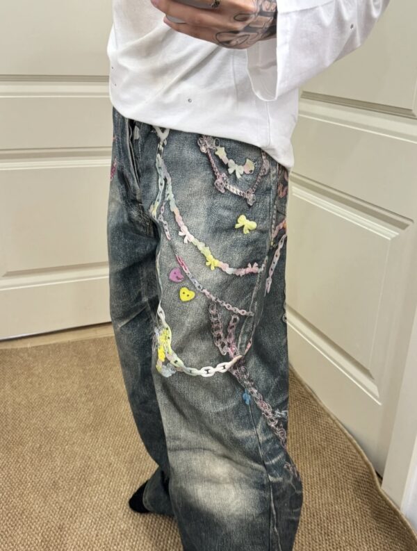 Vintage Blue Cute Chain Printed Jeans | Mark - GOT7