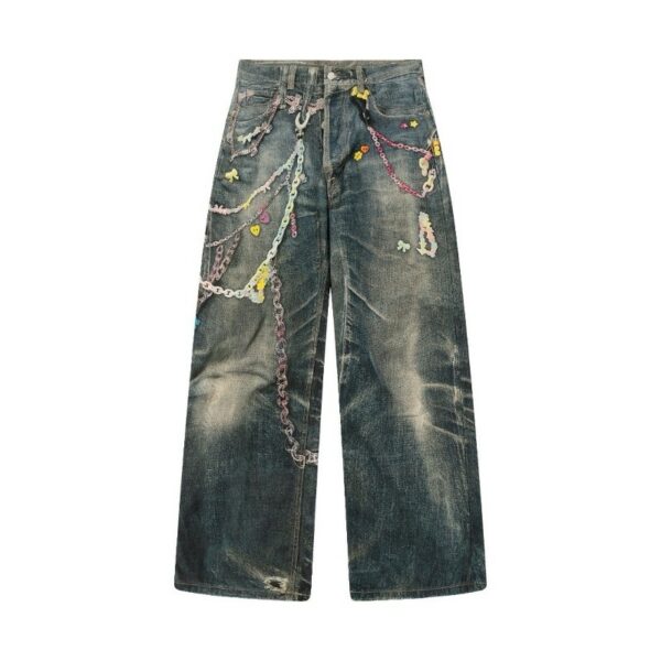 Vintage Blue Cute Chain Printed Jeans | Mark - GOT7 - Image 4