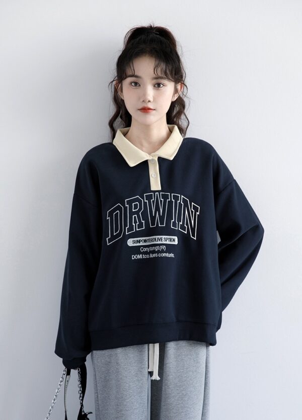 Vintage Navy Blue Printed Polo Sweatshirt - Image 3