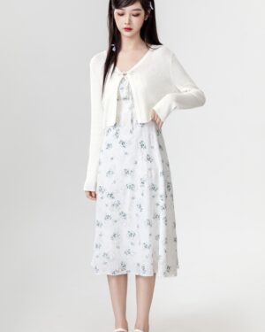 White Knit Cardigan With Sleeveless Dress