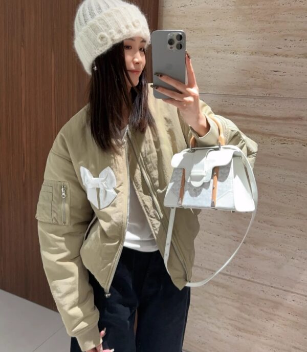 Beige Bow Embellished Bomber Jacket | Jennie - BlackPink - Image 2