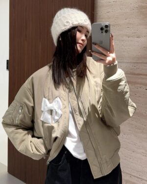 Beige Bow Embellished Bomber Jacket | Jennie - BlackPink