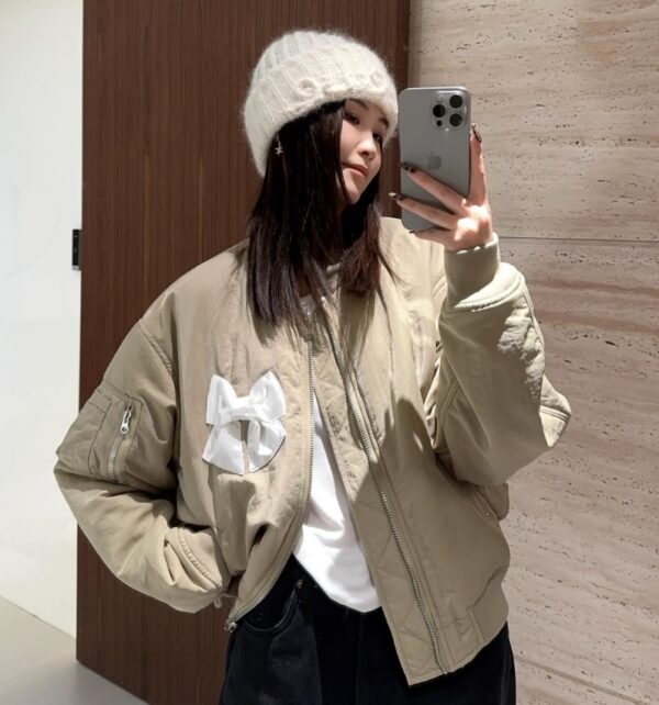 Beige Bow Embellished Bomber Jacket | Jennie - BlackPink