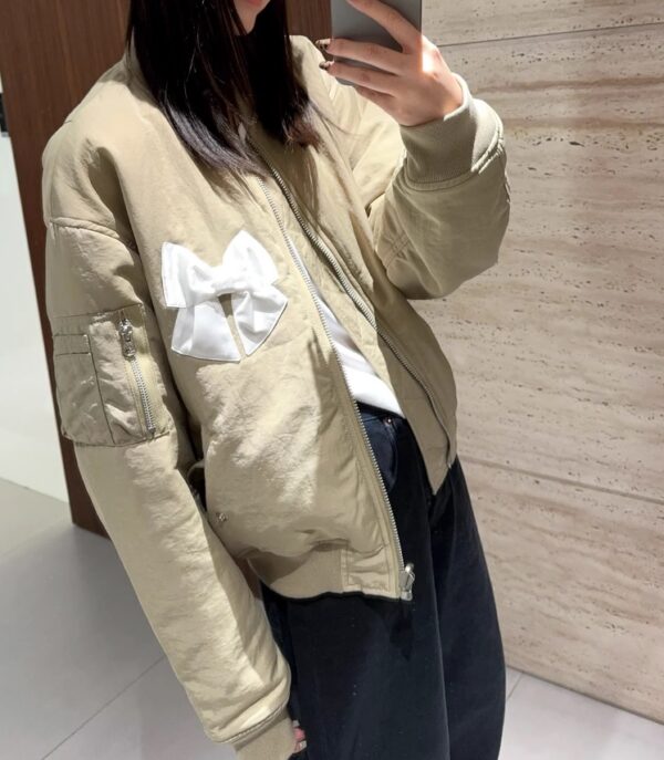 Beige Bow Embellished Bomber Jacket | Jennie - BlackPink - Image 5