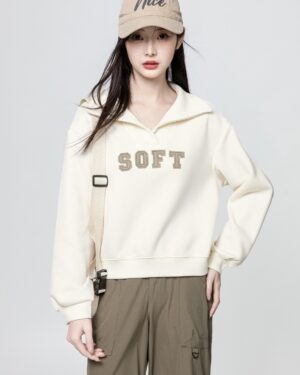 Beige Lettered Pullover Polo Sweatshirt