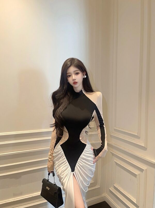 Black And Beige Elegant Bodycon Dress | Lisa - BlackPink - Image 5