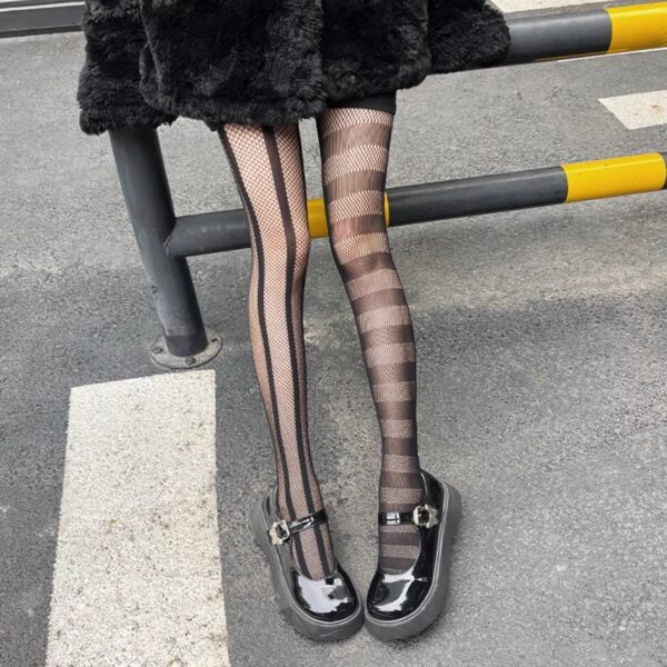 Black Asymmetrical Stripes Stockings | Liz - IVE - Image 2