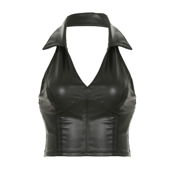 Black Faux Leather Halter Collared Crop Top | Giselle - Aespa - Image 3