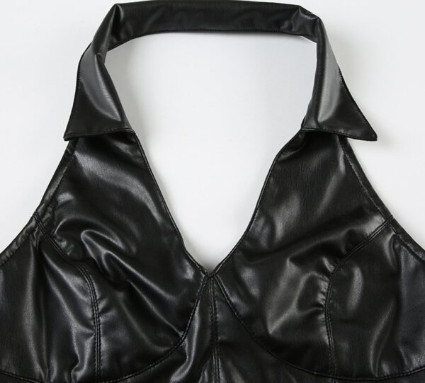 Black Faux Leather Halter Collared Crop Top | Giselle - Aespa - Image 4