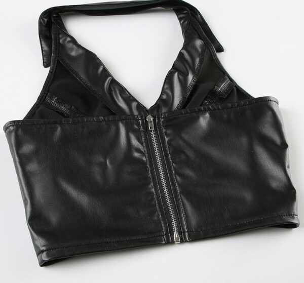 Black Faux Leather Halter Collared Crop Top | Giselle - Aespa - Image 10