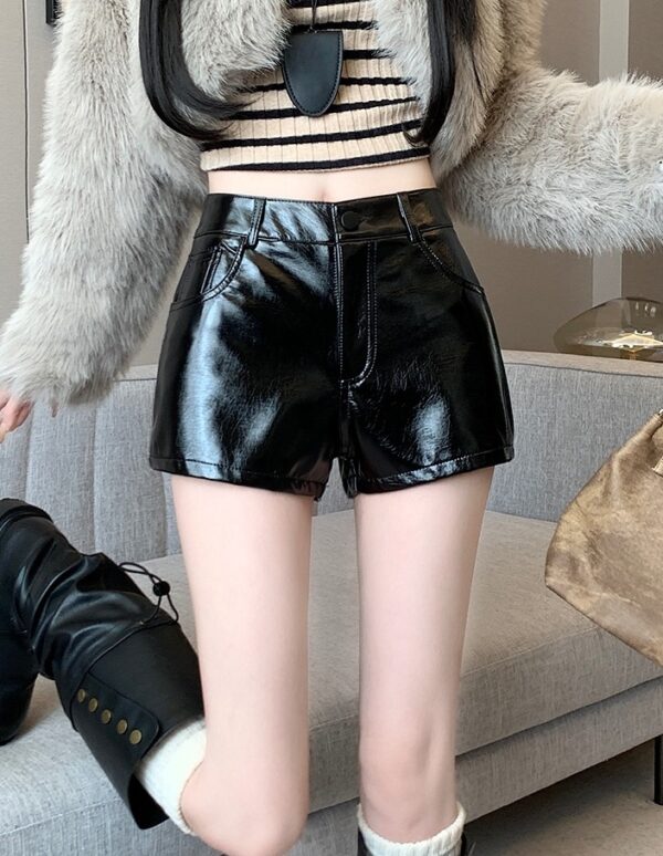 Black Glossy Faux Leather Shorts | Jennie - BlackPink - Image 5