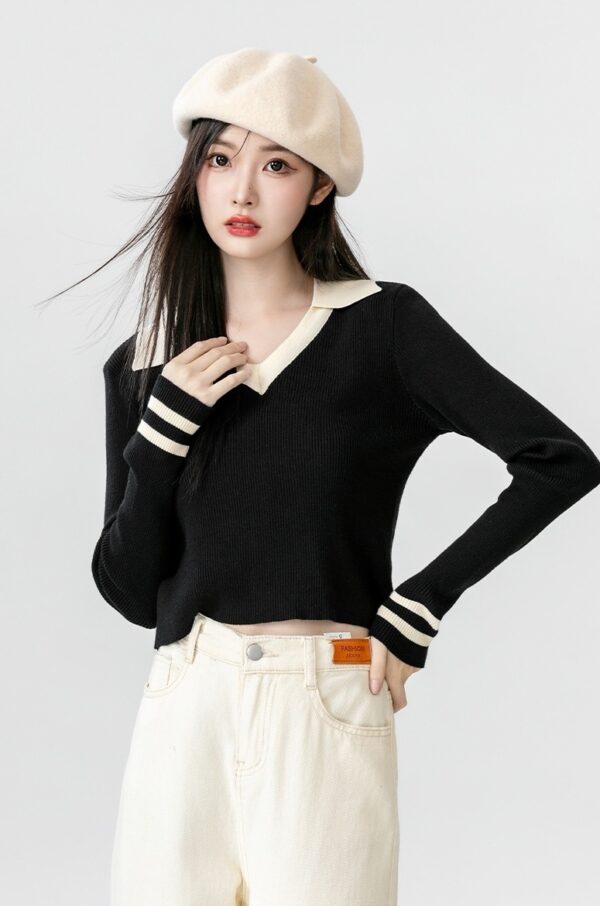 Black Knit Collared Long Sleeve Top - Image 3