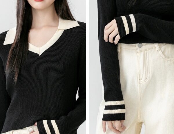 Black Knit Collared Long Sleeve Top - Image 4