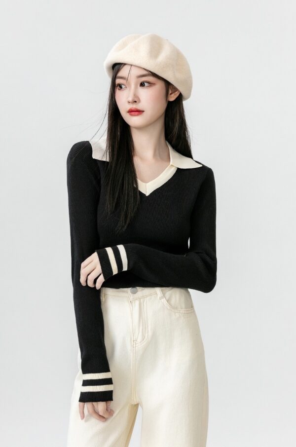 Black Knit Collared Long Sleeve Top - Image 6