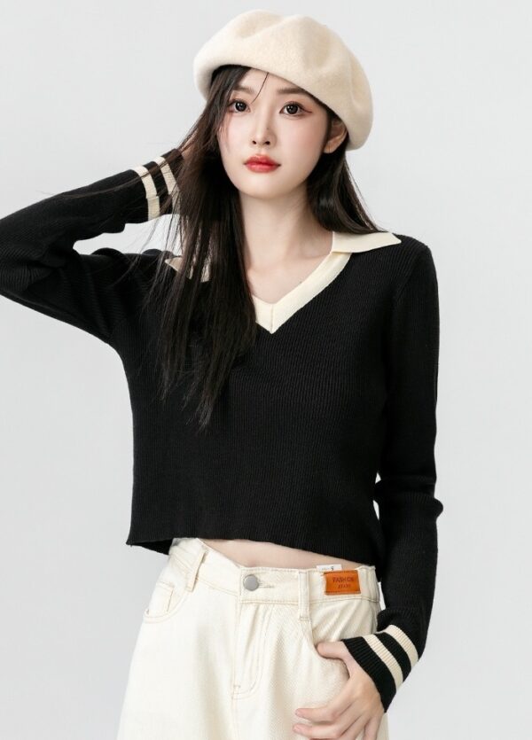 Black Knit Collared Long Sleeve Top - Image 7