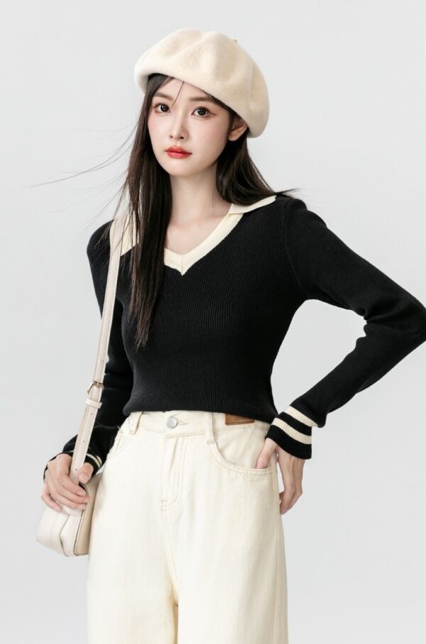 Black Knit Collared Long Sleeve Top - Image 8