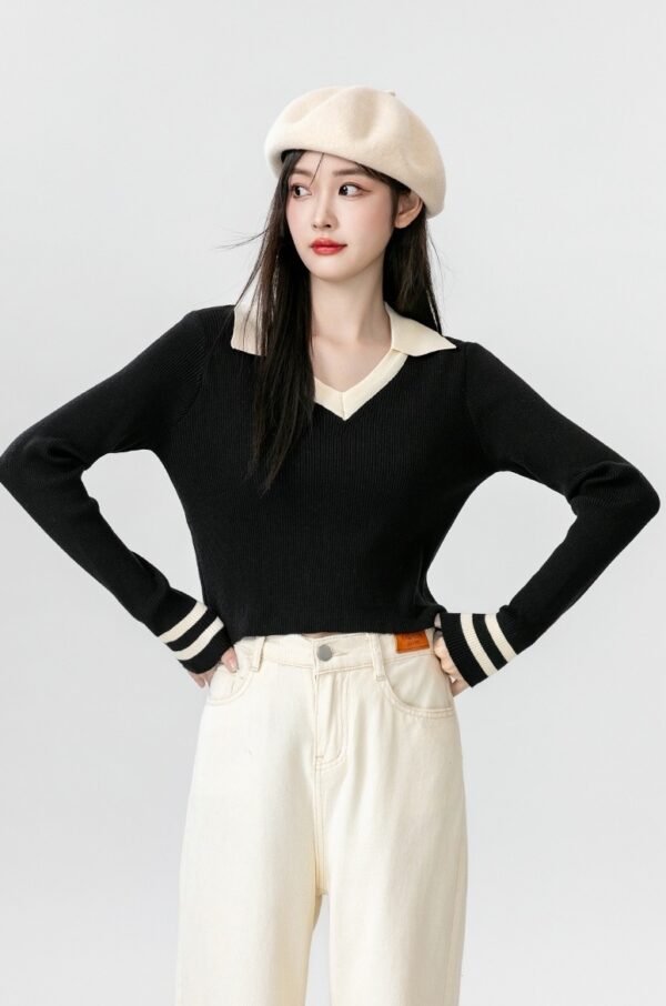 Black Knit Collared Long Sleeve Top - Image 9