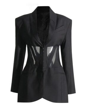 Black Mesh Corset Waist Suit Blazer Jacket | Kazuha - Le Sserafim