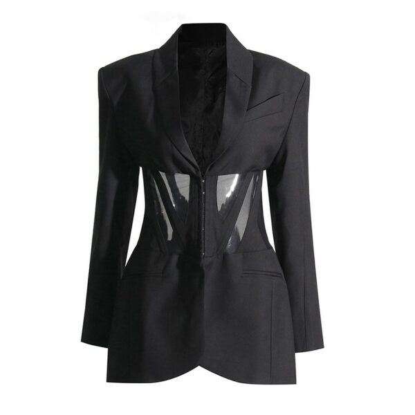 Black Mesh Corset Waist Suit Blazer Jacket | Kazuha - Le Sserafim