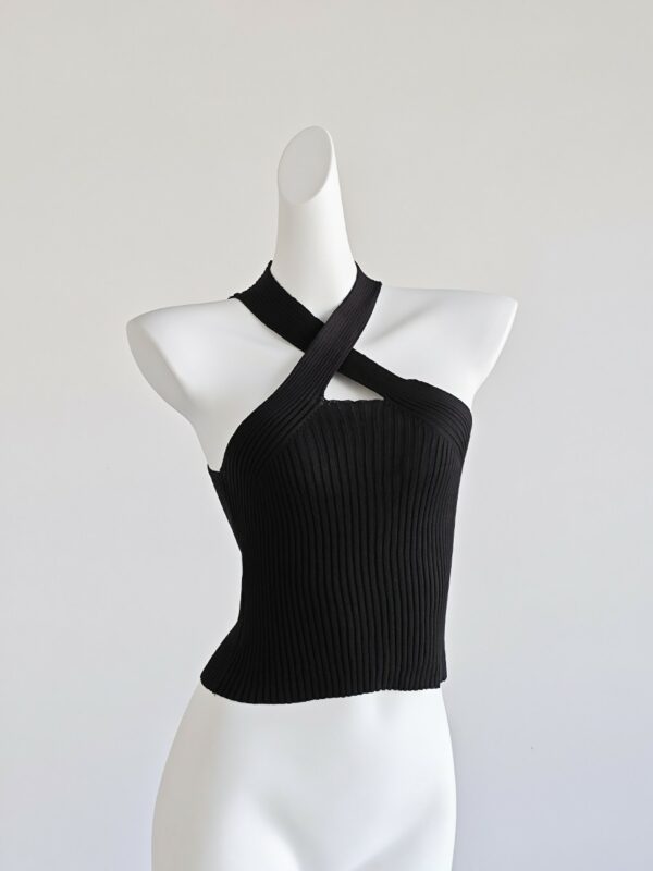 Black Ribbed Cross Neck Halter Top | Yuna - ITZY - Image 2