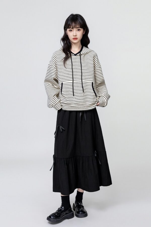 Black Striped Loose Hoodie Sweater - Image 2