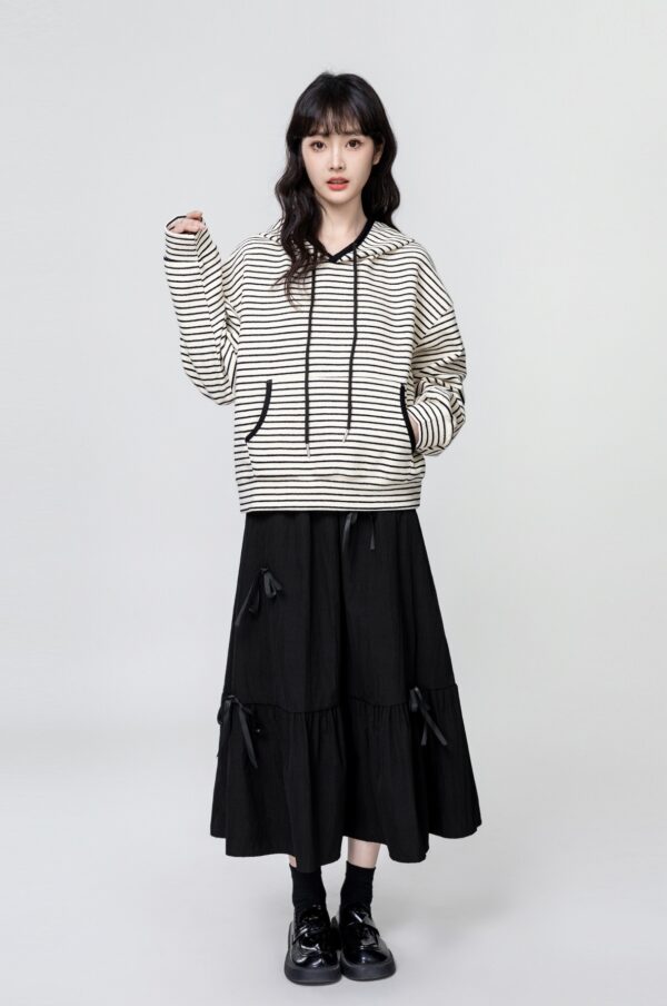 Black Striped Loose Hoodie Sweater - Image 3