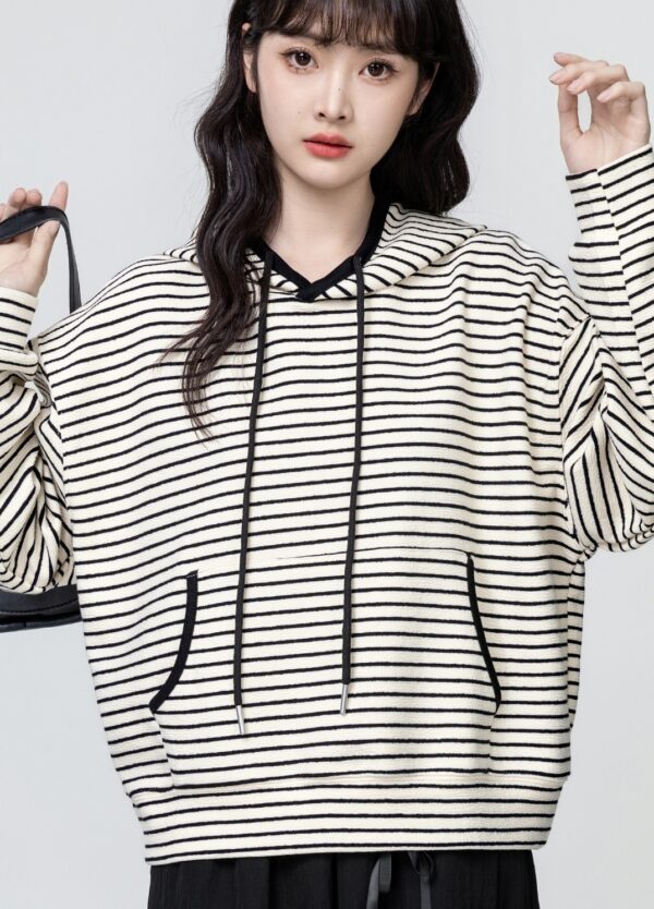 Black Striped Loose Hoodie Sweater - Image 4