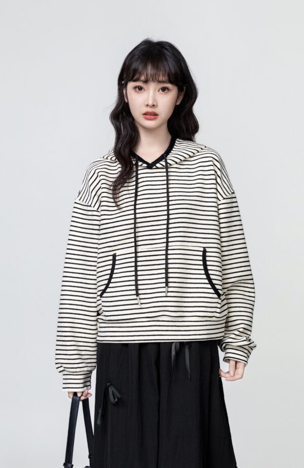 Black Striped Loose Hoodie Sweater - Image 5