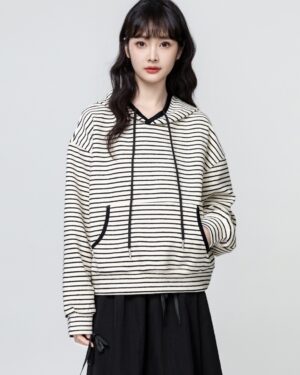 Black Striped Loose Hoodie Sweater