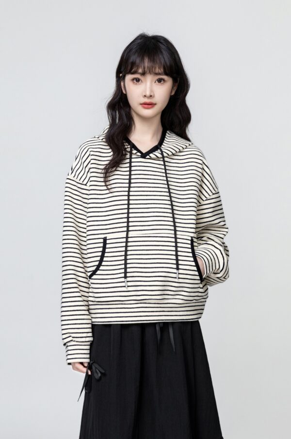 Black Striped Loose Hoodie Sweater