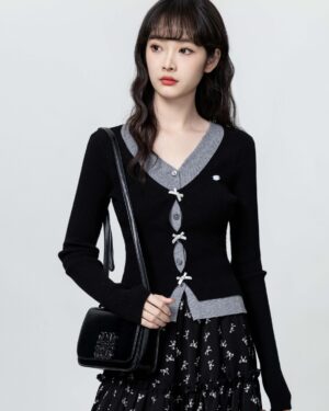 Black Vneck Knit Sweater With Bow Design