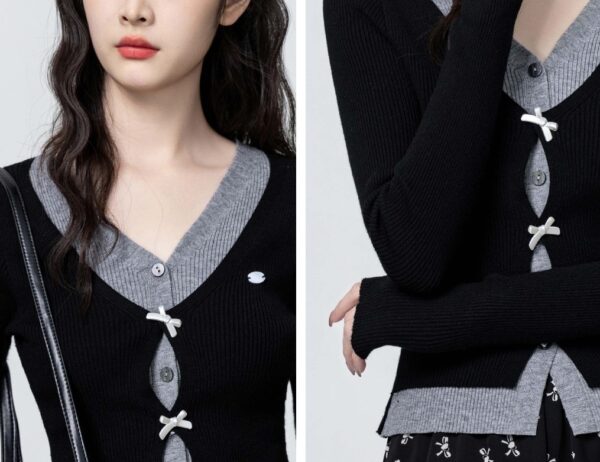 Black Vneck Knit Sweater With Bow Design - Image 2