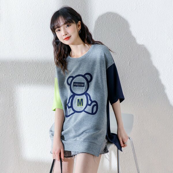 Color Block Bear Graphic Loose T-Shirt - Image 13