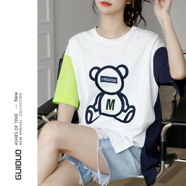 Color Block Bear Graphic Loose T-Shirt - Image 11