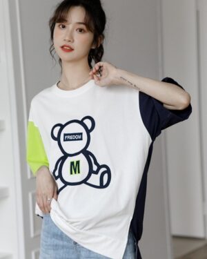 Color Block Bear Graphic Loose T-Shirt