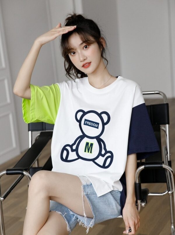 Color Block Bear Graphic Loose T-Shirt - Image 6