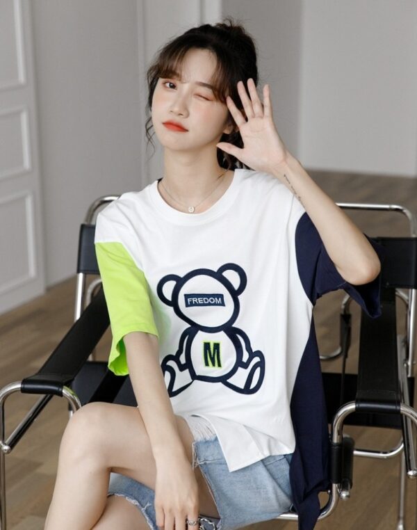 Color Block Bear Graphic Loose T-Shirt - Image 7