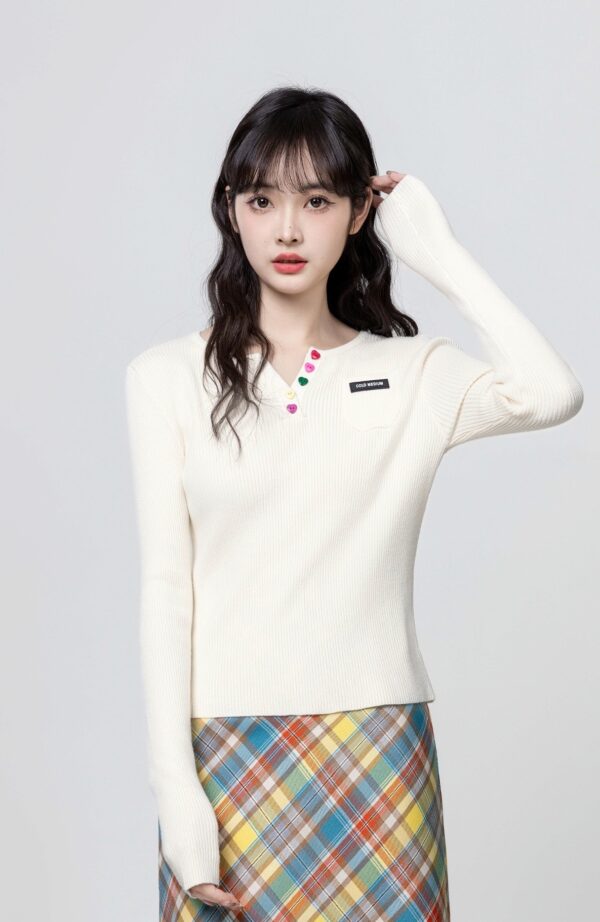 Cream Vneck Knit Sweater - Image 2