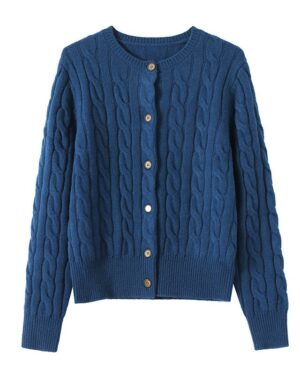 Dark Blue Cable Knit Button-Up Cardigan | Chung Ha