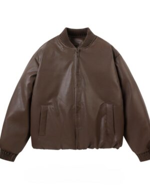 Dark Brown Faux Leather Bomber Jacket | Jin - BTS