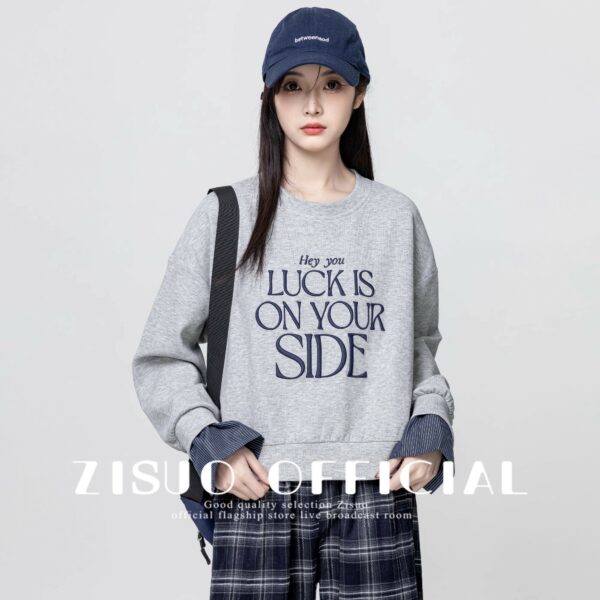 Embroidered Letter Crewneck Pullover Sweater - Image 9