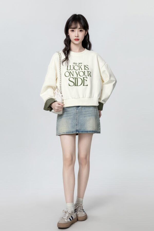 Embroidered Letter Crewneck Pullover Sweater - Image 2