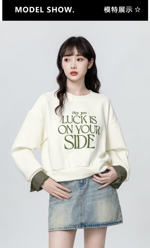 Embroidered Letter Crewneck Pullover Sweater - Image 6