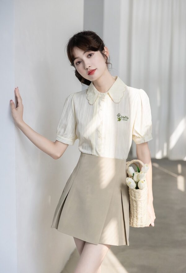 Embroidered Puff Sleeve Chiffon Blouse - Image 4