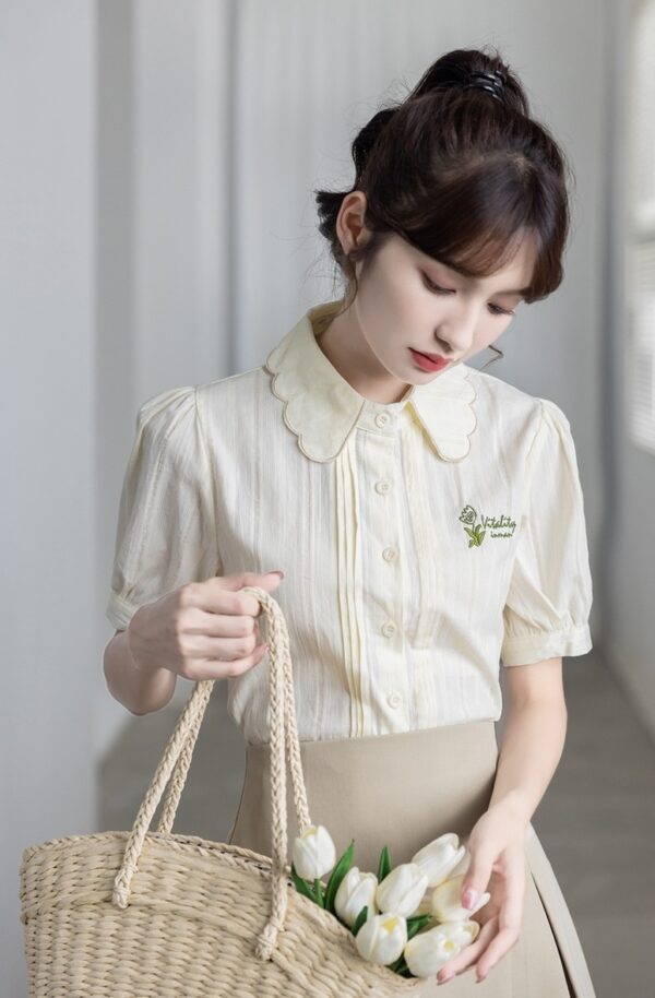 Embroidered Puff Sleeve Chiffon Blouse - Image 8