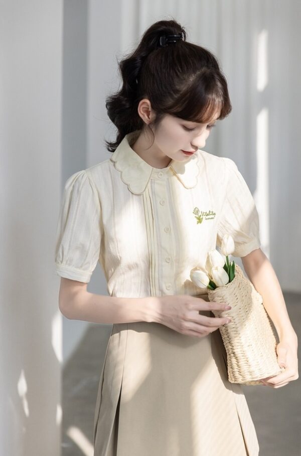 Embroidered Puff Sleeve Chiffon Blouse - Image 9