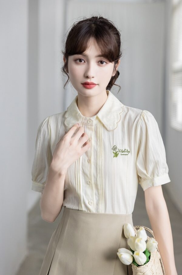 Embroidered Puff Sleeve Chiffon Blouse - Image 10