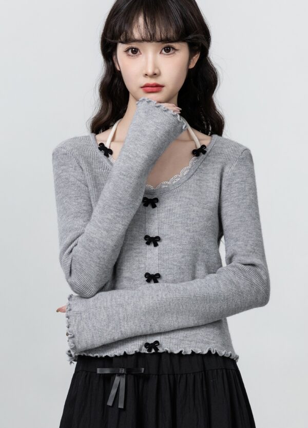 Gray Knitted Halter Top With Bow Design - Image 3