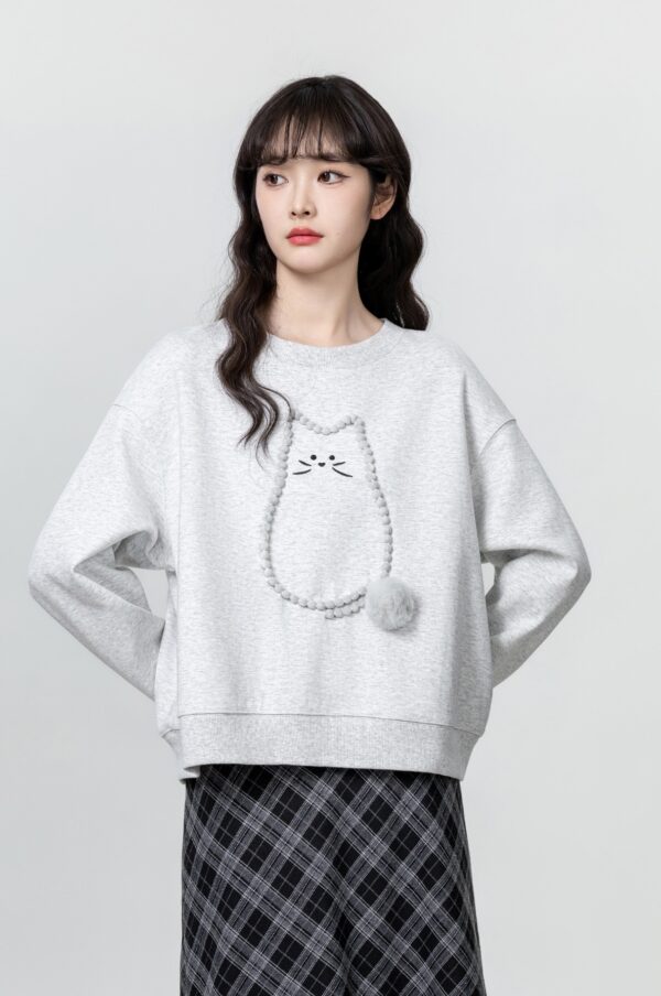 Gray Loose Cartoon Cat Pullover Sweater - Image 4