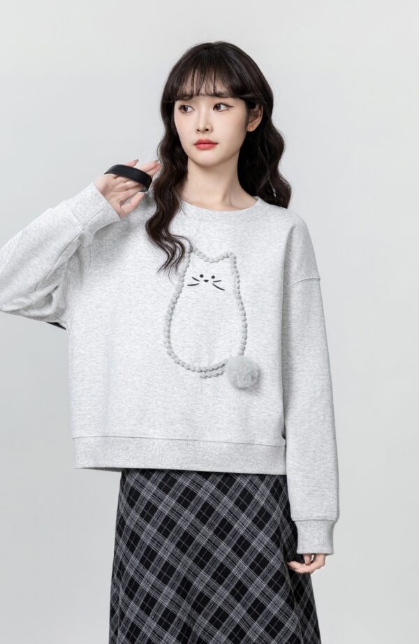 Gray Loose Cartoon Cat Pullover Sweater